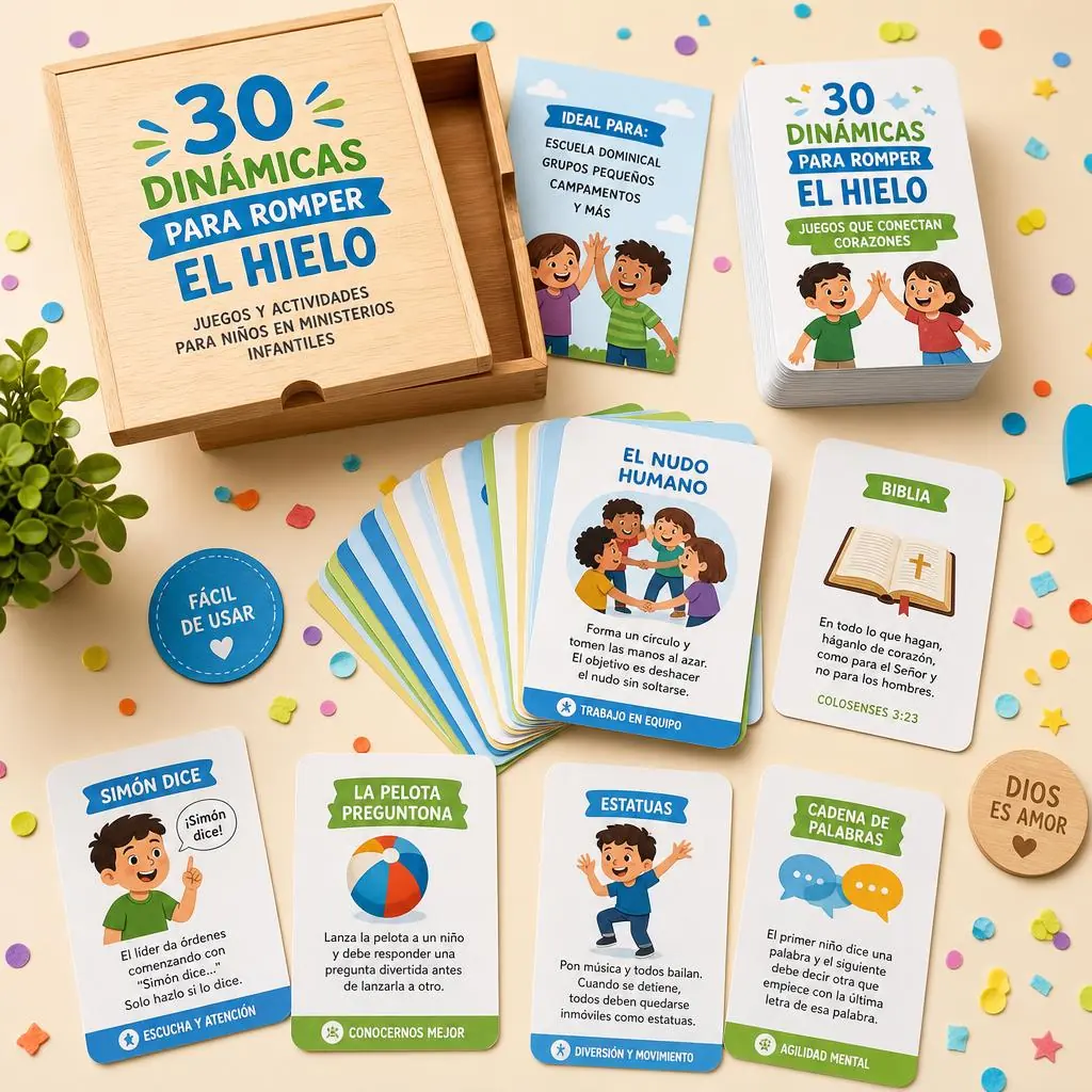 Mockup del bono 30 dinámicas para romper el hielo con tarjetas y caja de madera