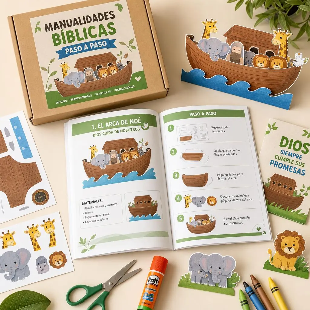 Mockup del bono manualidades bíblicas paso a paso con caja, libro abierto y materiales