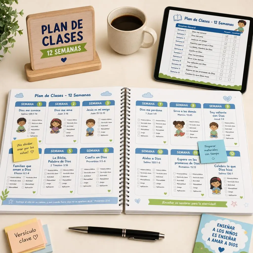 Mockup del bono plan de clases de 12 semanas con planner y tablet