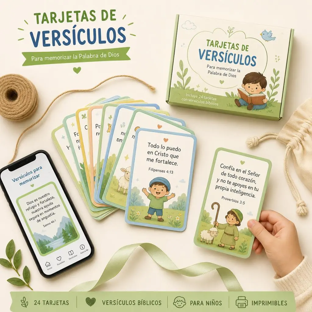 Mockup del bono tarjetas de versículos para memorizar con caja, tarjetas y celular